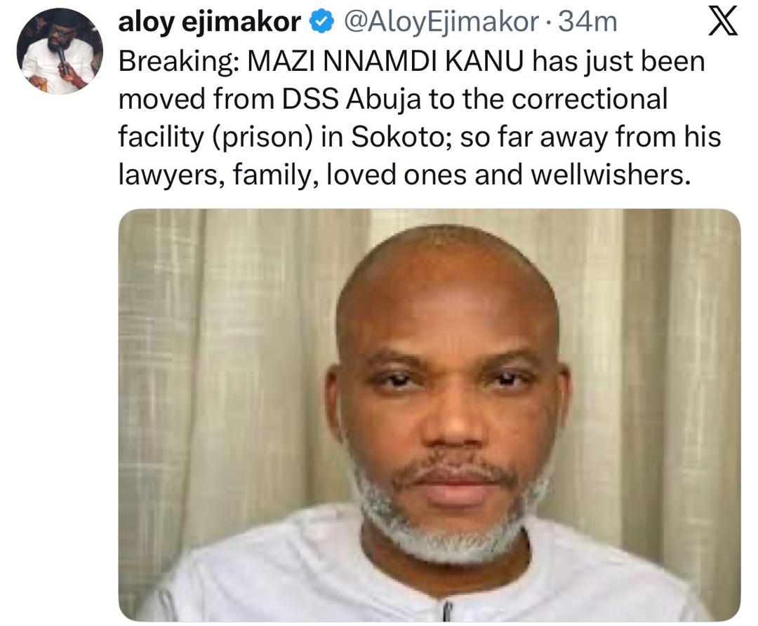 Nnamdi Kanu moved from DSS custody to Sokoto prison - Lawyer